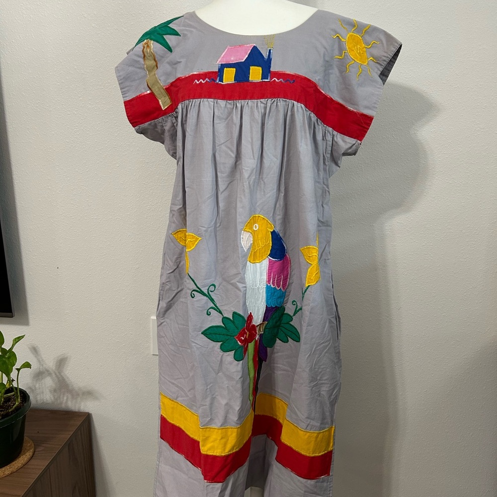 Vintage 80s Mexican Embroidered Parrot Dress Mrs Roper Caftan Muumuu Vacation